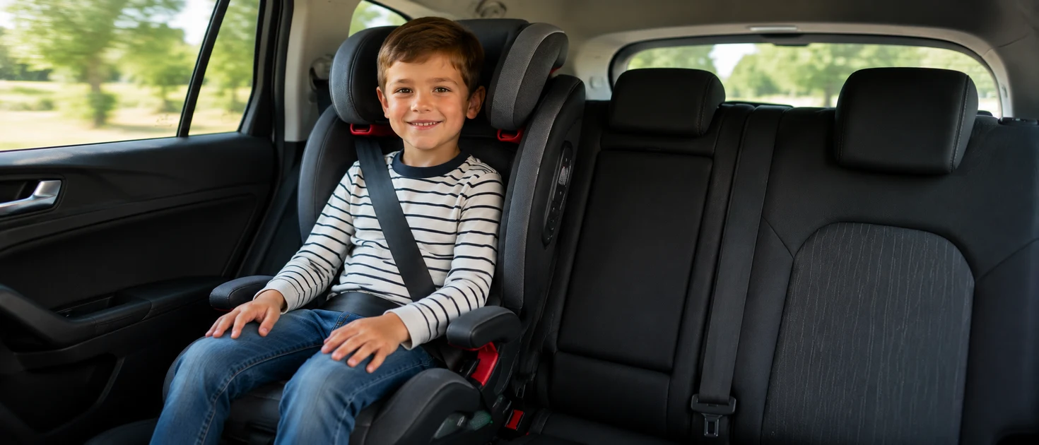 Niño sonriente sentado en una silla de coche evolutiva Grupo 1/2/3, instalada en el asiento trasero del vehículo