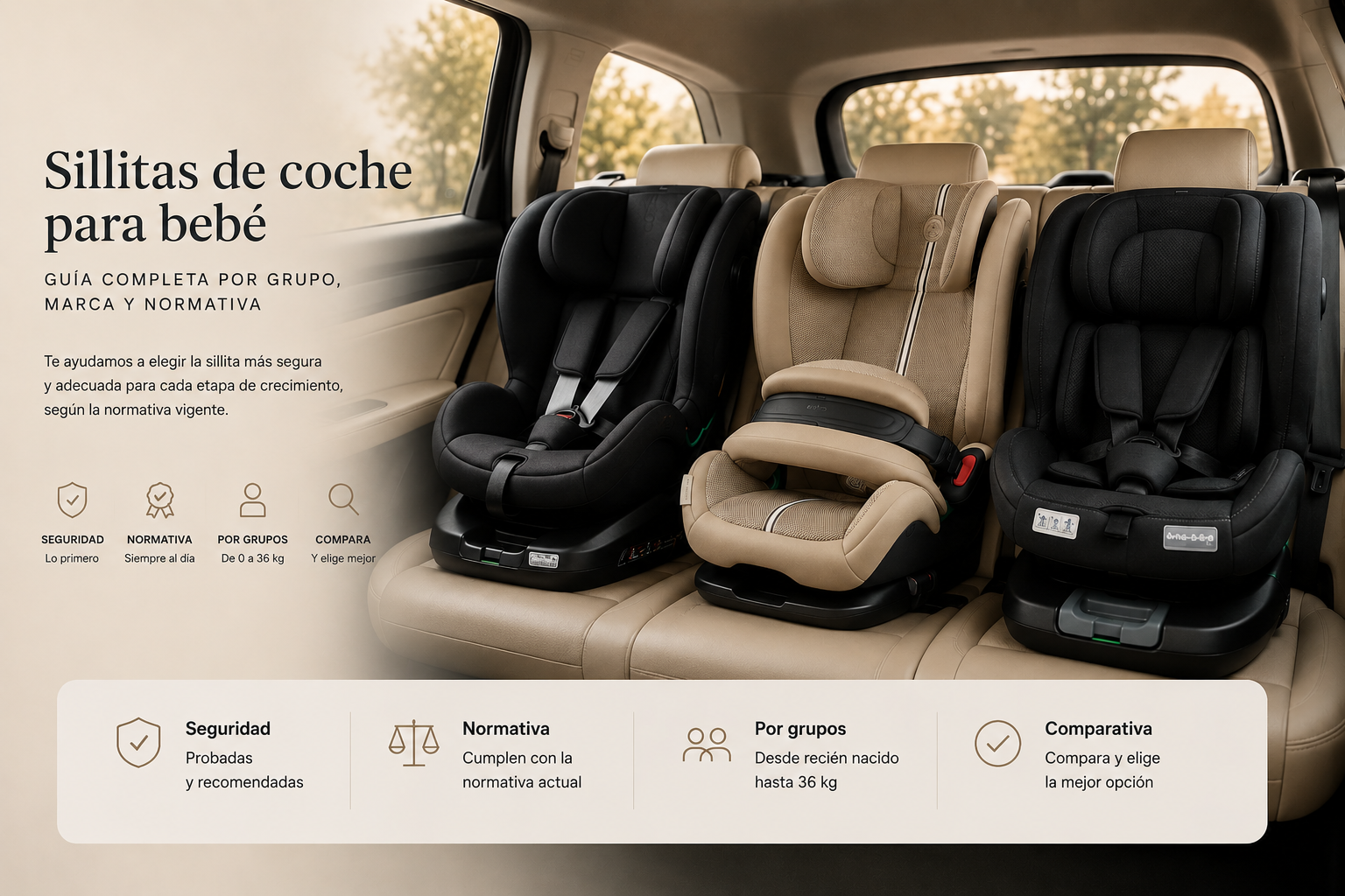 Tres sillitas de coche instaladas en el asiento trasero de un vehículo