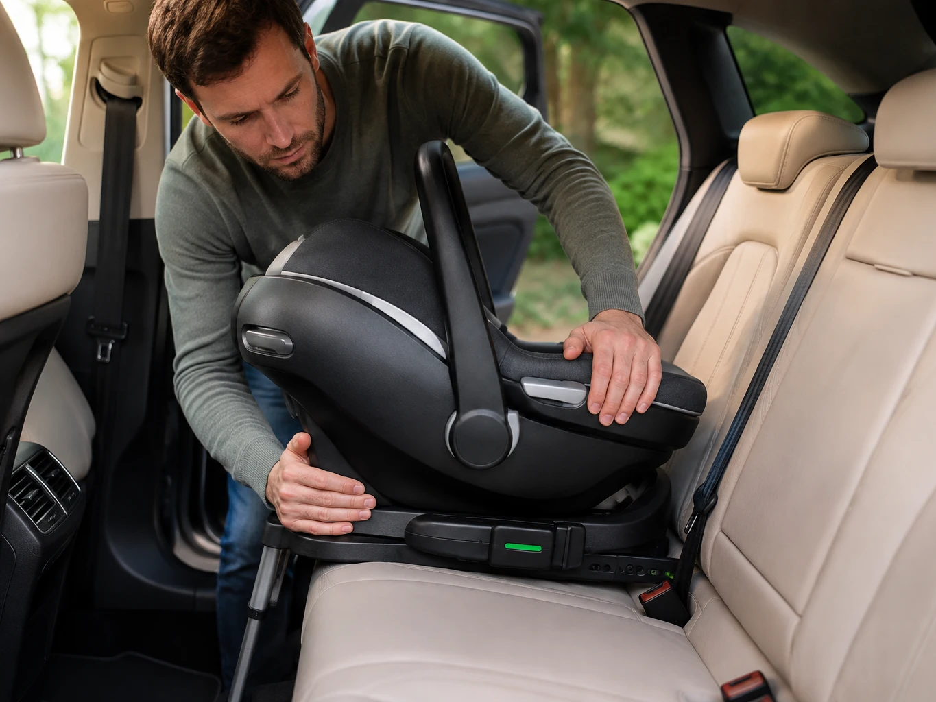 Padre comprobando con ambas manos que la silla de coche queda firme tras la instalación