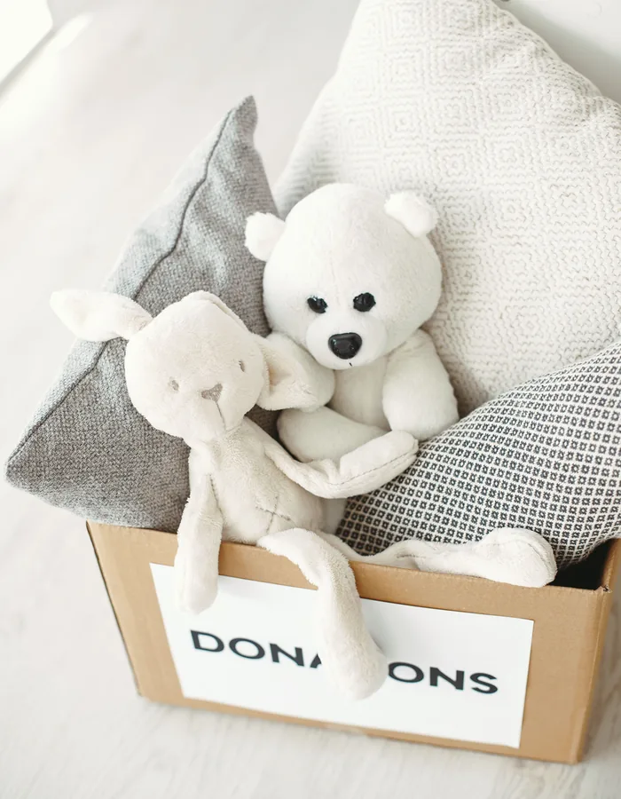 Caja de donaciones con peluches y cojines
