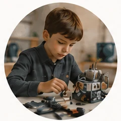 Niño montando una construcción robótica