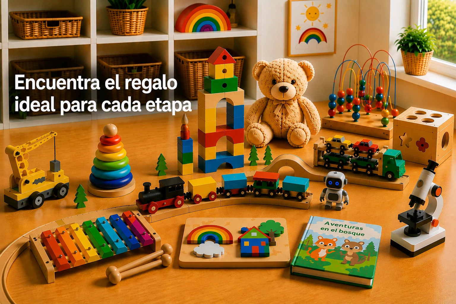 Sala de juegos con juguetes de madera: bloques de construcción, tren, oso de peluche, xilófono, apilable de anillas, microscopio y un libro infantil. Encuentra el regalo ideal para cada etapa.