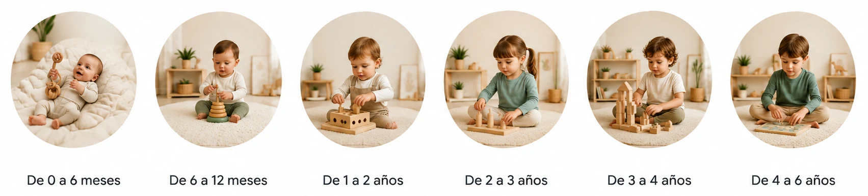 Seis etapas del desarrollo infantil, de 0 a 6 años, con un niño jugando con material Montessori en cada una