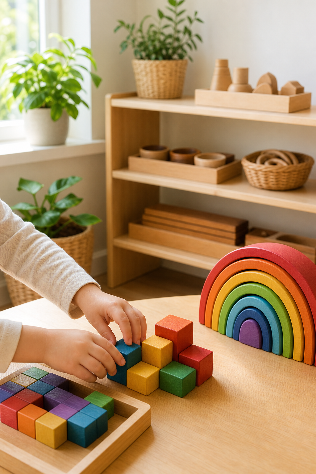Niño construyendo con bloques de madera de colores en un ambiente Montessori luminoso